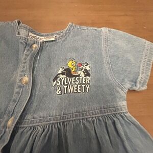 Looney Tunes Sylvester & Tweety Dress Girls XS Denim Button Front Embroidered